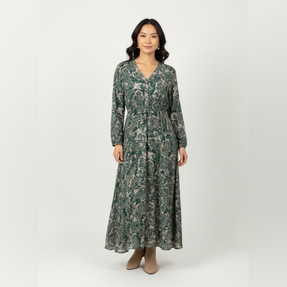 Green Floral Maxi Dress | Size Medium | Long Sleeve V-Neck Flowy Dress